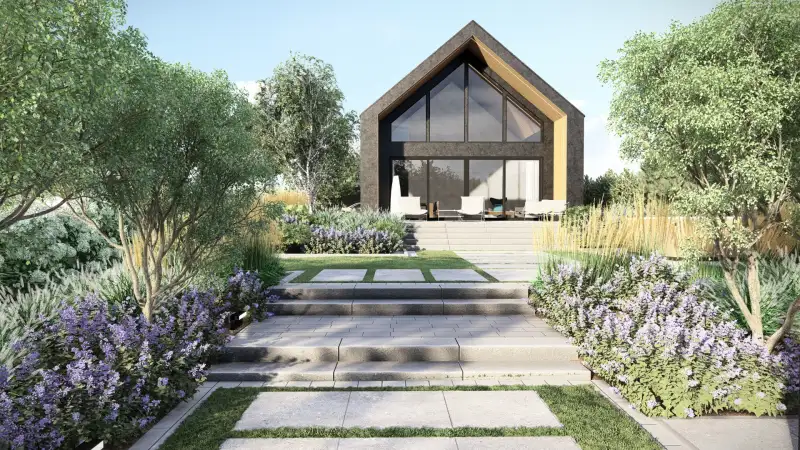 Projekt ogrodu przy nowoczesnej stodole