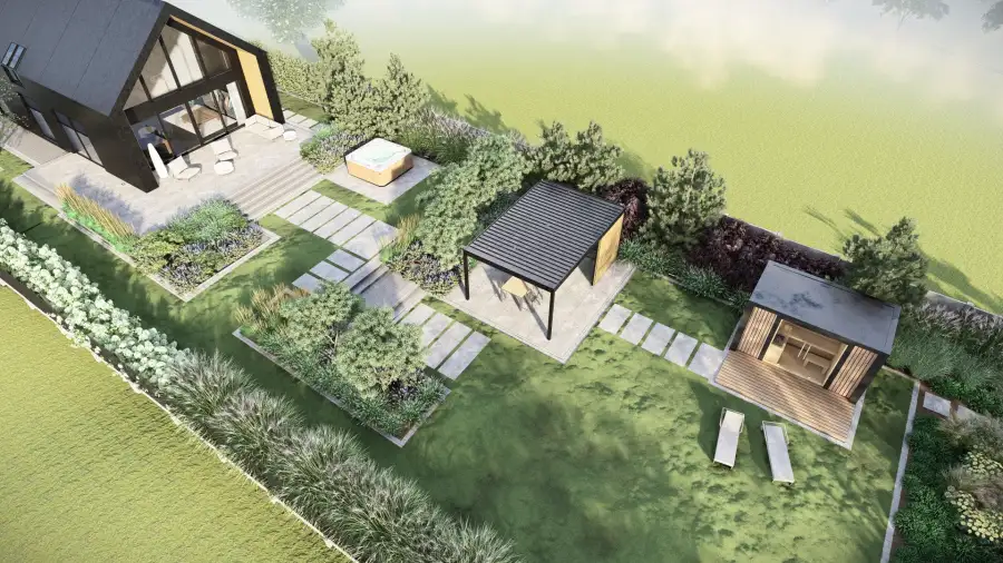 Projekt ogrodu przy nowoczesnej stodole