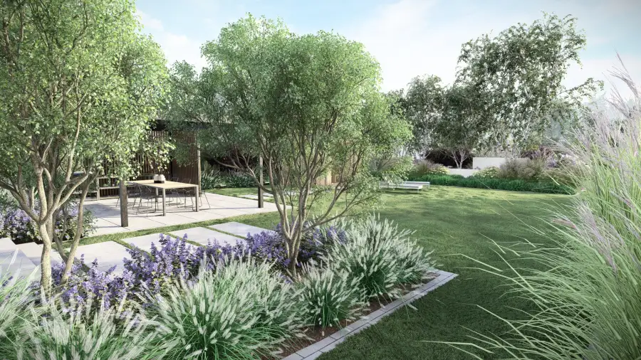 Projekt ogrodu przy nowoczesnej stodole