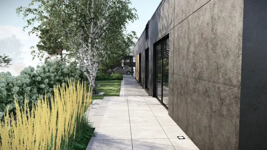 Projekt ogrodu przy nowoczesnej stodole