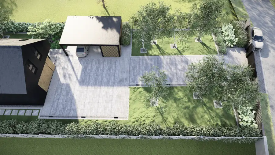 Projekt ogrodu przy nowoczesnej stodole