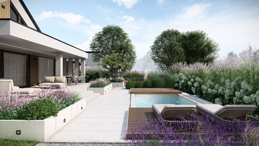 Funkcjonalny ogród z basenem i paleniskiem w Orzeszu