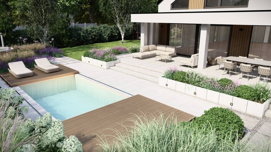 Funkcjonalny ogród z basenem i paleniskiem w Orzeszu