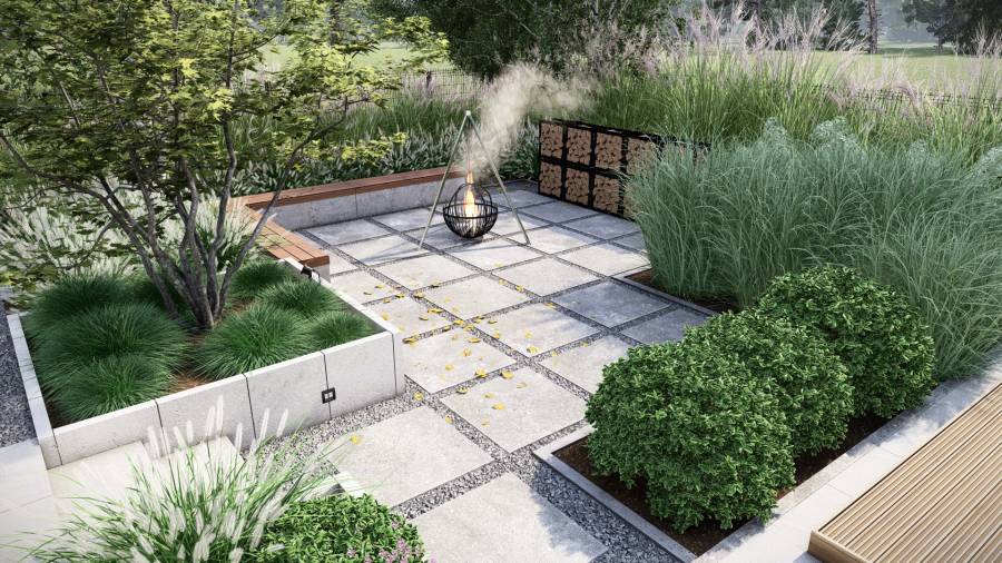 Funkcjonalny ogród z basenem i paleniskiem w Orzeszu