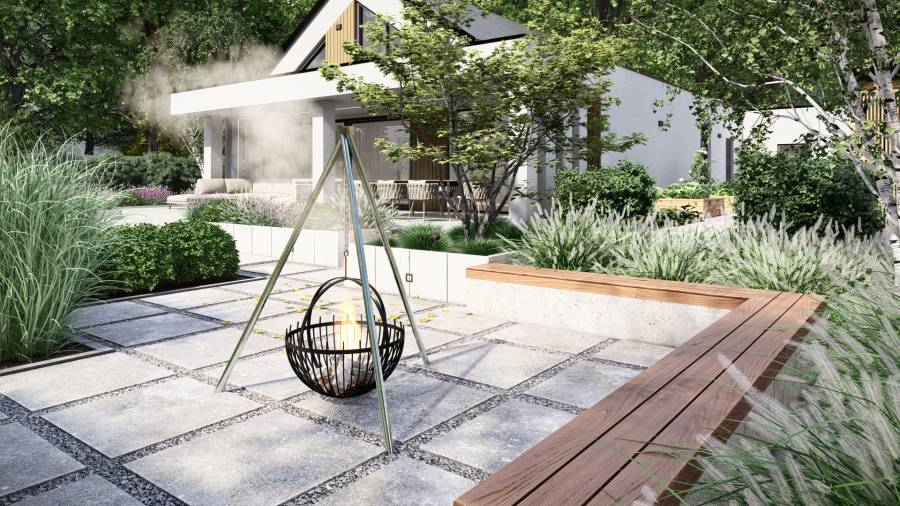 Funkcjonalny ogród z basenem i paleniskiem w Orzeszu