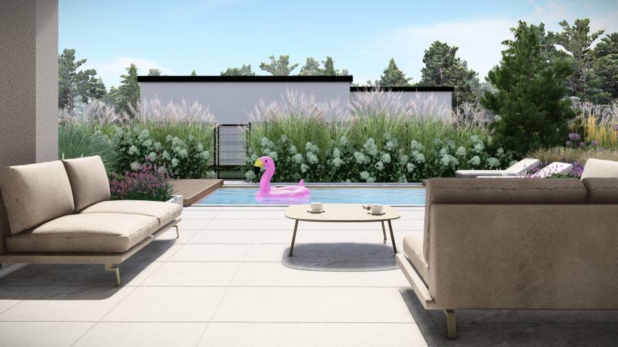 Funkcjonalny ogród z basenem i paleniskiem w Orzeszu