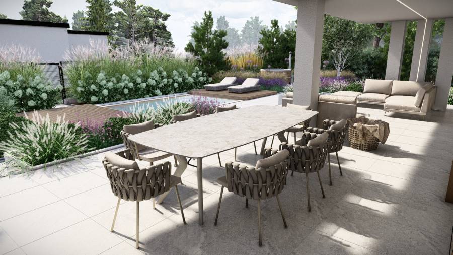 Funkcjonalny ogród z basenem i paleniskiem w Orzeszu