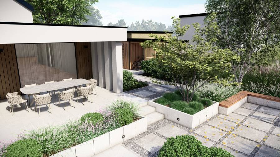 Funkcjonalny ogród z basenem i paleniskiem w Orzeszu