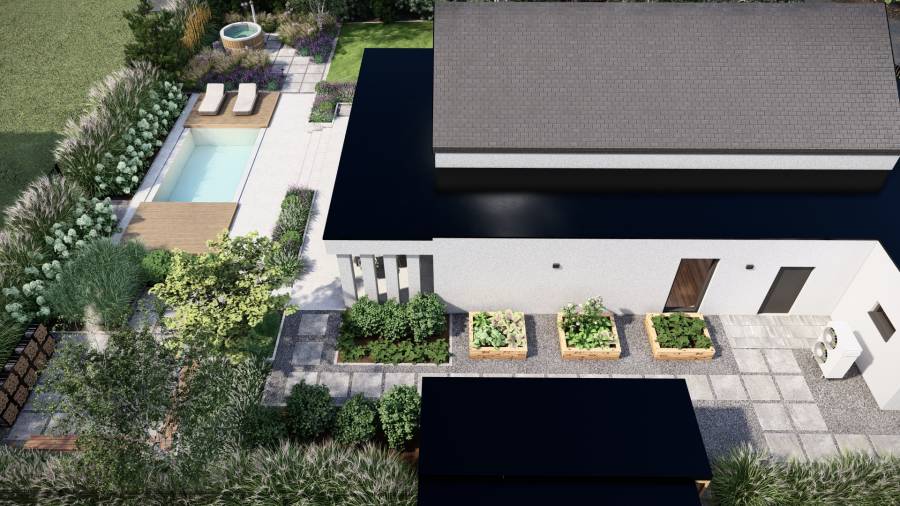 Funkcjonalny ogród z basenem i paleniskiem w Orzeszu