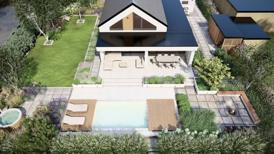 Funkcjonalny ogród z basenem i paleniskiem w Orzeszu