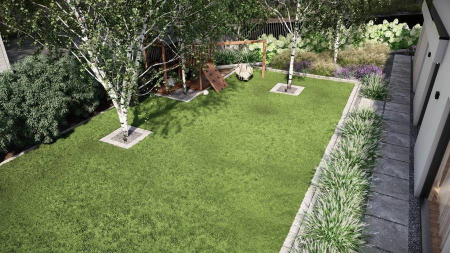 Funkcjonalny ogród z basenem i paleniskiem w Orzeszu