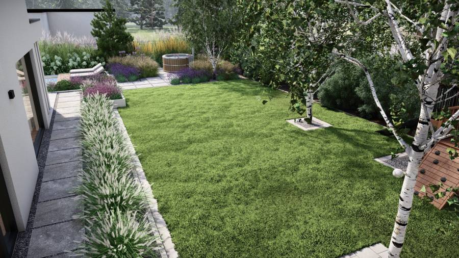 Funkcjonalny ogród z basenem i paleniskiem w Orzeszu