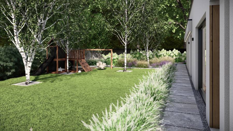 Funkcjonalny ogród z basenem i paleniskiem w Orzeszu