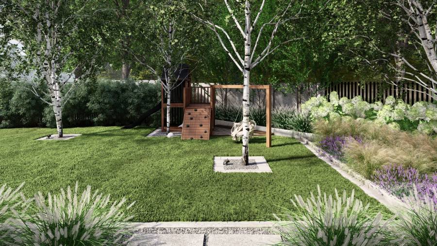 Funkcjonalny ogród z basenem i paleniskiem w Orzeszu