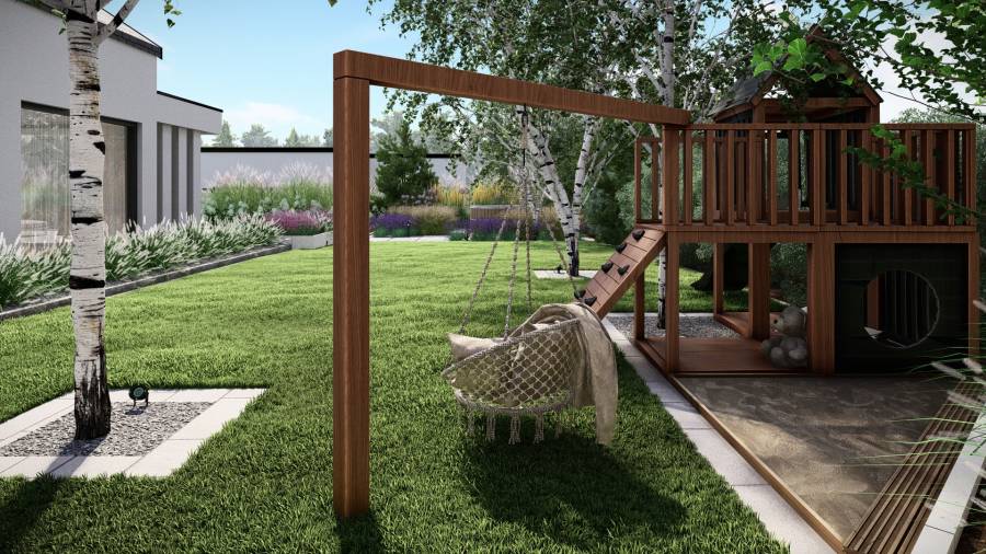 Funkcjonalny ogród z basenem i paleniskiem w Orzeszu