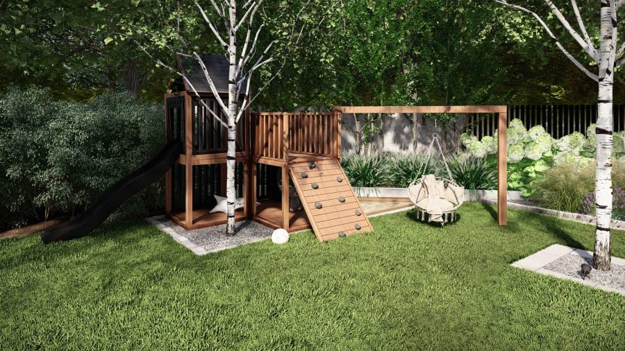 Funkcjonalny ogród z basenem i paleniskiem w Orzeszu